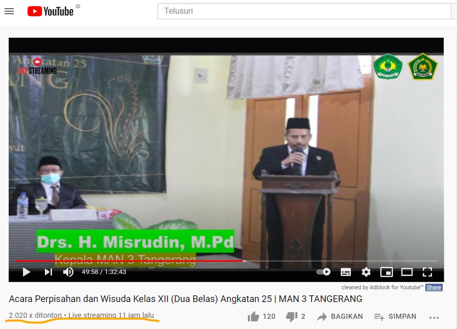 Sambutan Kepala MAN 3 Tangerang pada saat live streaming perpisahan secara daring